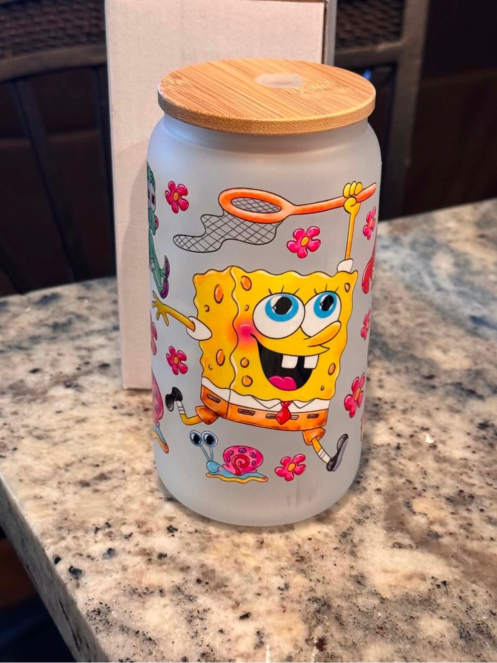 SpongeBob SquarePants Frosted Glass cup with Bamboo Lid - NEW IN BOX WITH STRAW